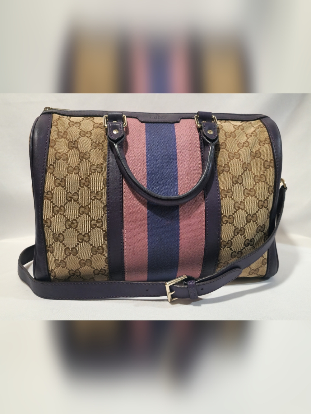 Gucci GG Canvas Web Boston Bag Mauve Purple Stripe Crossbody Top-Handle Rare